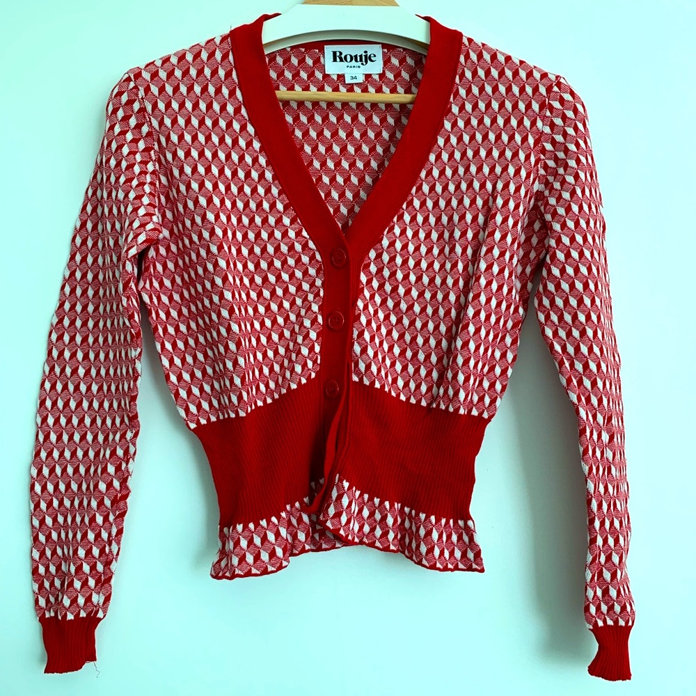 Rouje Red and White Geometric V-Neck Cardigan